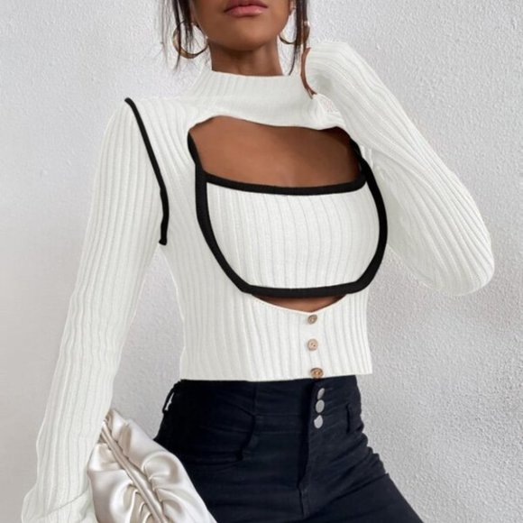 Modern Contemporary Ribbed Knit Cut Out Button Detail Sweater - Picture 4 of 6